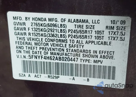 2010 Honda Pilot Ex-L from USA, damaged, VIN 5FNYF4H62AB020447